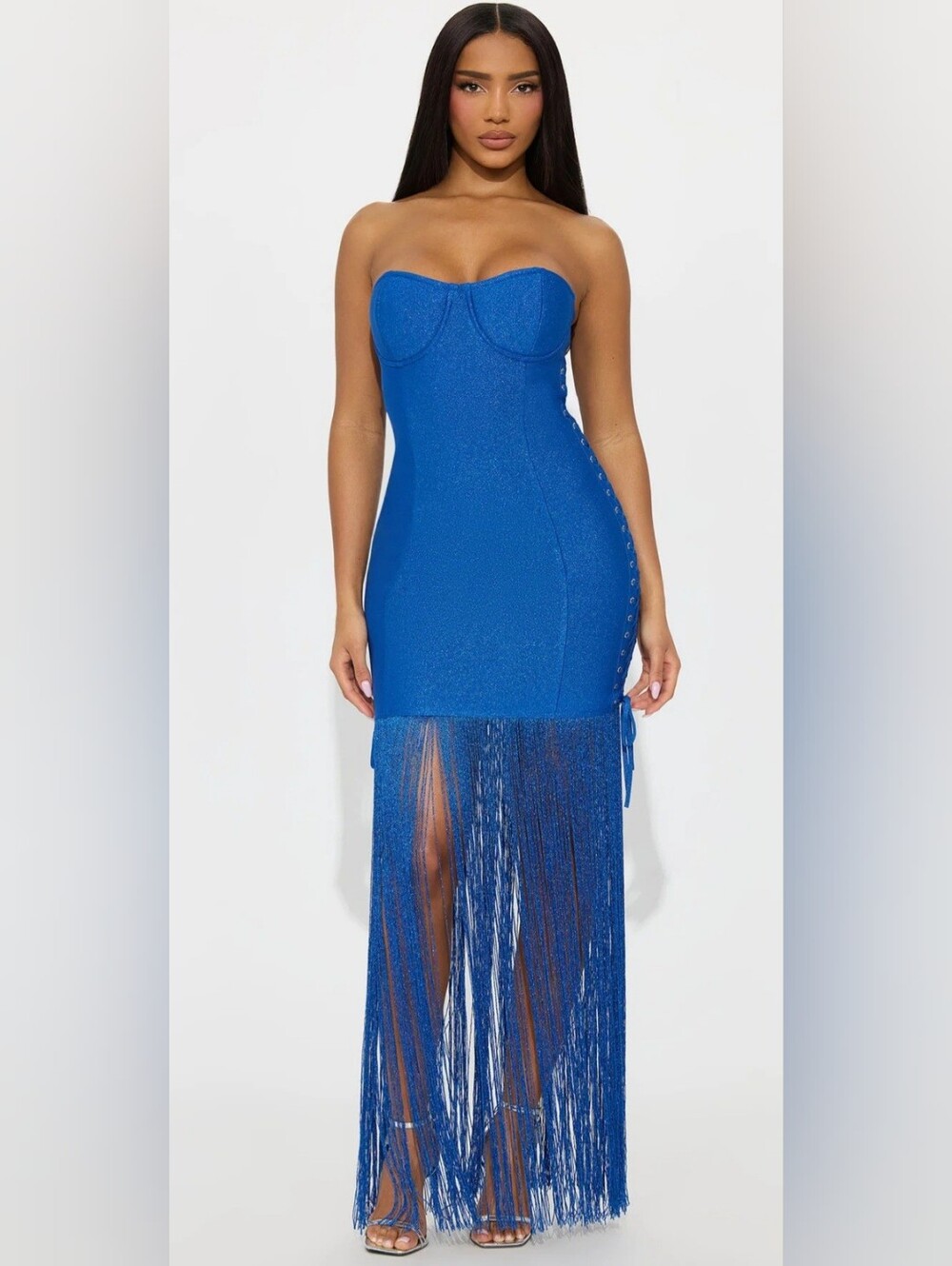 Fashion Nova Electric Blue Fringe Lace-Up Maxi Skirt